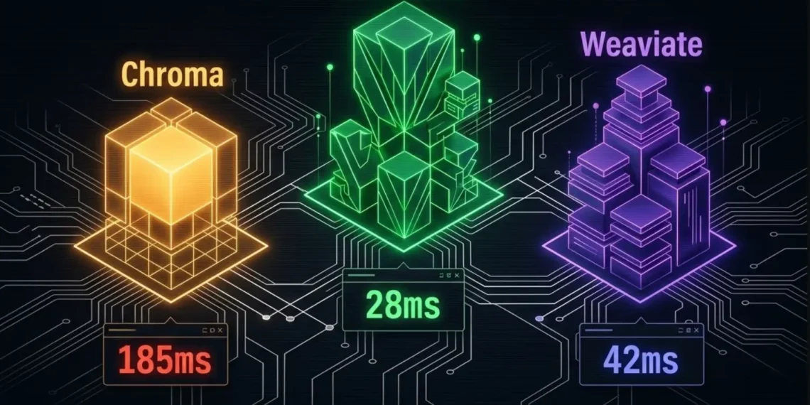 Chroma vs Pinecone vs Weaviate benchmark 2026 — p99 latency comparison on dark architectural background