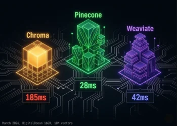 Chroma vs Pinecone vs Weaviate benchmark 2026 — p99 latency comparison on dark architectural background