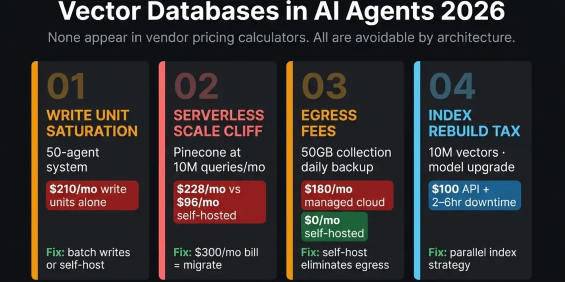 Cost failure points of vector databases in AI agents 2026 — four panels showing write unit saturation ($210/month), serverless scale cliff ($228 vs $96), egress fees ($180/month managed vs $0 self-hosted), and index rebuild tax ($100 API fees plus downtime)