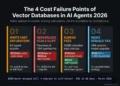 Cost failure points of vector databases in AI agents 2026 — four panels showing write unit saturation ($210/month), serverless scale cliff ($228 vs $96), egress fees ($180/month managed vs $0 self-hosted), and index rebuild tax ($100 API fees plus downtime)