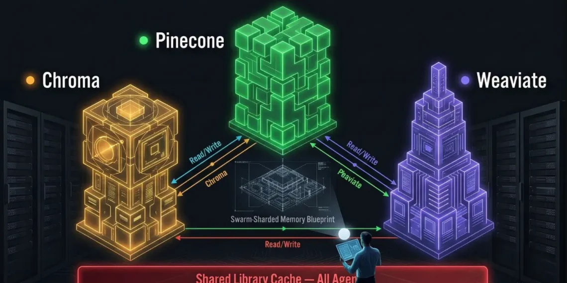 Multi-agent vector database architecture diagram showing Planner, Executor, and Reviewer agents connected to Weaviate, Qdrant, Pinecone, and Redis namespaces on dark background — RankSquire 2026