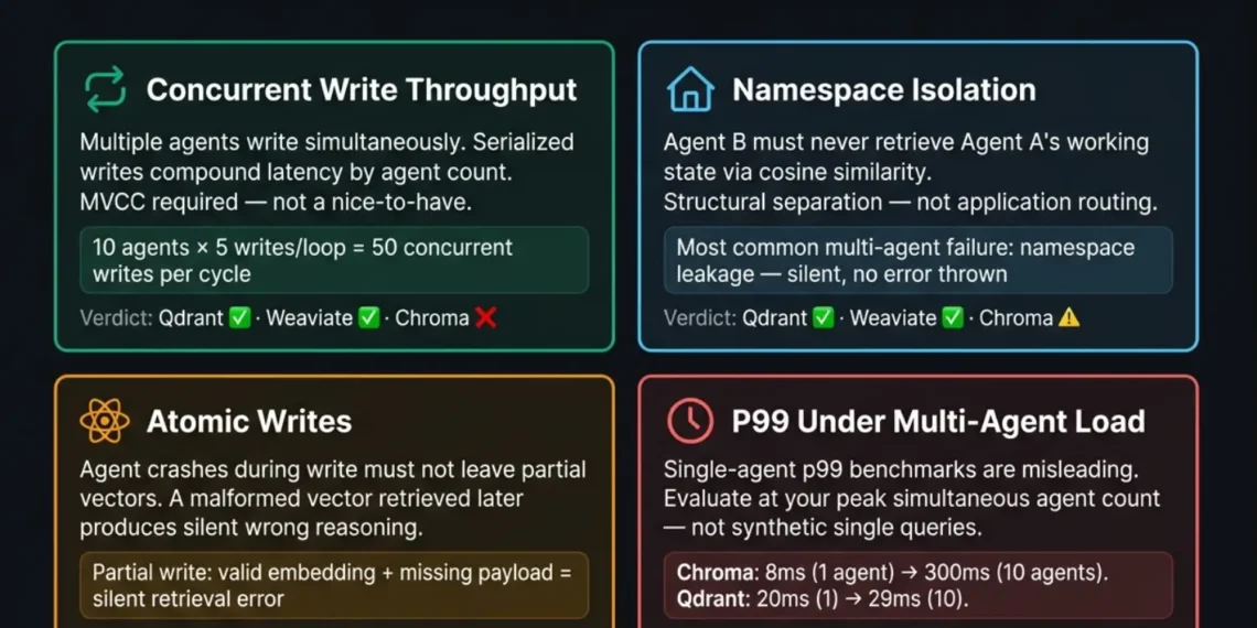 Choosing a vector DB for multi-agent systems 2026 — Qdrant vs Weaviate vs Pinecone vs Chroma benchmark comparison showing p99 latency, concurrent write throughput, namespace isolation, and cost under 10-agent concurrent load