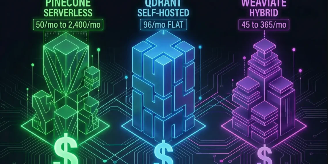 Vector Database Pricing Comparison 2026 — TCO architecture showing cost tiers for Pinecone Serverless, Qdrant self-hosted, and Weaviate on dark background