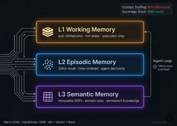 Vector Memory Architecture for Agentic AI 2026 — three-tier L1 Redis L2 Qdrant L3 Semantic sovereign stack on dark architectural background