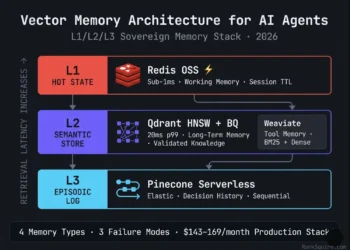 Vector memory architecture for AI agents 2026 — L1/L2/L3 Sovereign Memory Stack diagram showing Redis working memory, Qdrant semantic store, and Pinecone Serverless episodic log layers