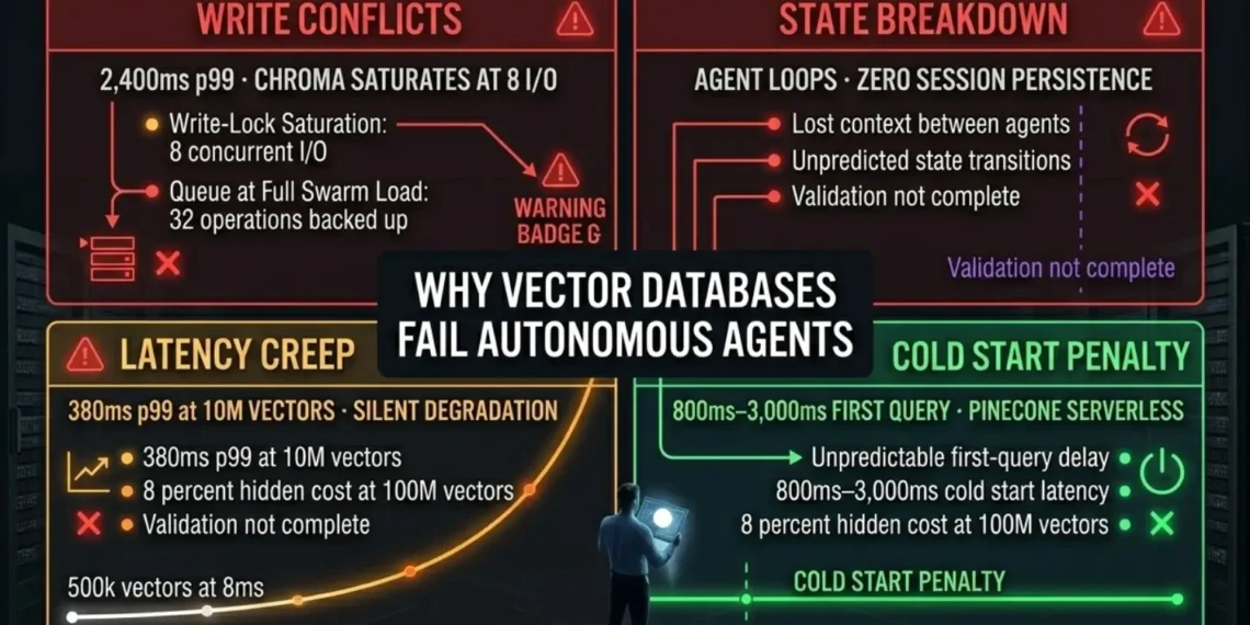 Why vector databases fail autonomous agents 2026 — four failure modes taxonomy diagram showing Write Conflicts, State Breakdown, Latency Creep, and Cold Start Penalty — RankSquire
