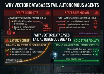 Why vector databases fail autonomous agents 2026 — four failure modes taxonomy diagram showing Write Conflicts, State Breakdown, Latency Creep, and Cold Start Penalty — RankSquire