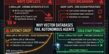 Why vector databases fail autonomous agents 2026 — four failure modes taxonomy diagram showing Write Conflicts, State Breakdown, Latency Creep, and Cold Start Penalty — RankSquire