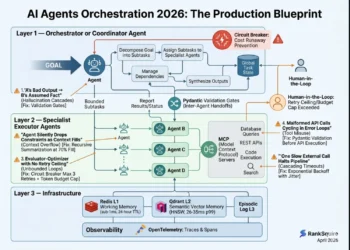 AI agents orchestration 2026 production architecture diagram showing three layers: orchestrator or coordinator agent layer handling task decomposition and synthesis, specialist executor agents layer with tool access through MCP servers, and infrastructure layer with Redis L1 memory, Qdrant L2 vector memory, OpenTelemetry observability, and human-in-the-loop escalation — with five failure modes labeled: hallucination cascades, context overflow, unbounded loops, tool misuse, and cascading timeouts