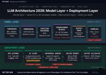 LLM architecture 2026 complete production stack diagram showing model layer with tokenizer, embedding, positional encoding, transformer blocks with attention mechanism, output head and sampler connected to deployment layer with API gateway, KV cache, inference server, vector memory store Qdrant, and output validator for AI agent systems