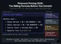 Pinecone pricing 2026 complete billing formula showing four cost components: write units at $0.0000004 per WU, read units at $0.00000025 per RU, storage at $3.60 per GB per month, and variable capacity fees of $50 to $150 per month — true monthly cost for 10-agent AI production system at 10M vectors is $99 to $199