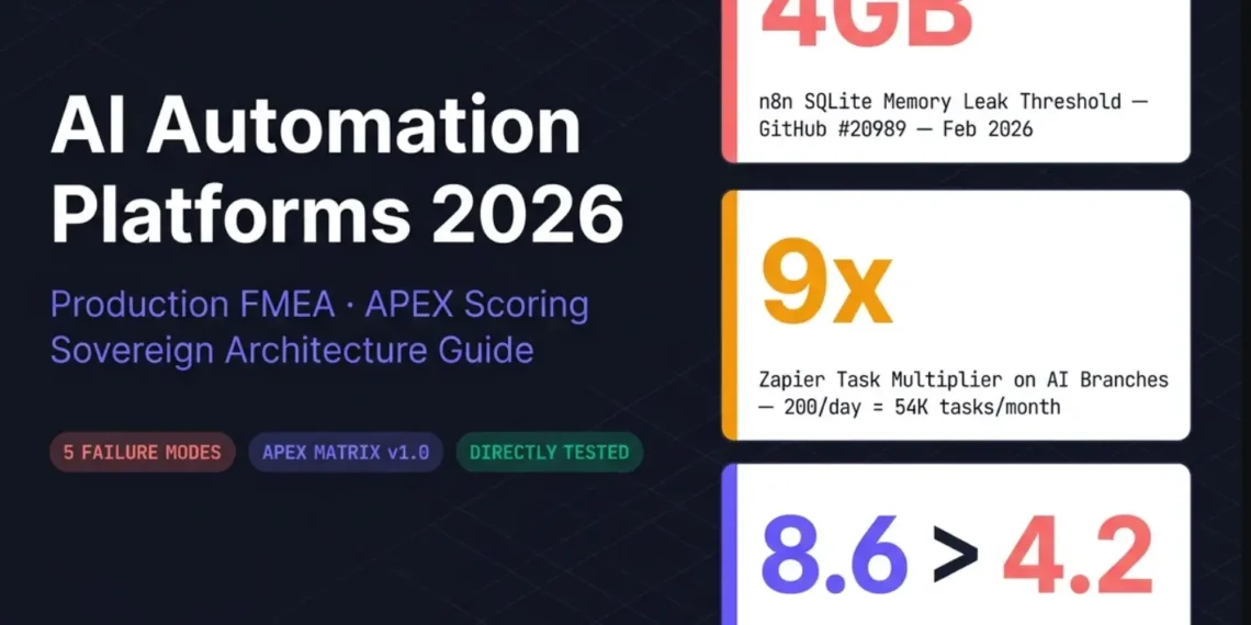 Layer 1 entities/keywords 40 chars: ai automation platforms 2026 production FMEA Layer 2 relationships/data 50 chars: showing n8n memory leak 4GB Zapier 9x multiplier APEX scoring Layer 3 what it proves 35 chars: proves default configurations fail at scale