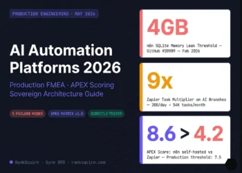 Layer 1 entities/keywords 40 chars: ai automation platforms 2026 production FMEA Layer 2 relationships/data 50 chars: showing n8n memory leak 4GB Zapier 9x multiplier APEX scoring Layer 3 what it proves 35 chars: proves default configurations fail at scale