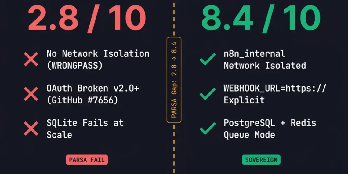 how to host n8n with coolify 2026 production PARSA framework default template failure sovereign migration trigger RankSquire
