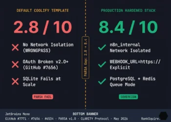 how to host n8n with coolify 2026 production PARSA framework default template failure sovereign migration trigger RankSquire