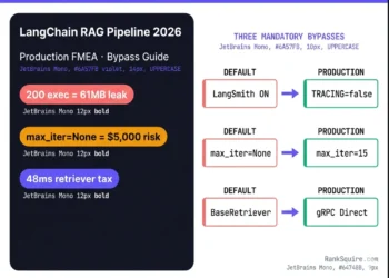Layer 1 (entities/keywords, 40 chars): langchain rag pipeline 2026 production FMEA Layer 2 (relationships/data, 50 chars): showing 61MB memory leak 48ms retriever tax three mandatory bypasses Layer 3 (what it proves, 35 chars): proves default config fails above 10K requests per day COMBINED ALT (write as one continuous sentence): alt="langchain rag pipeline 2026 production FMEA showing 61MB memory leak and 48ms retriever tax proving three mandatory bypasses are required above 10,000 requests per day"