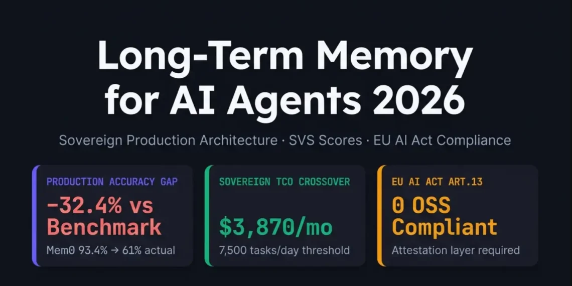 LAYER 1 (Primary entities): Long-term memory for AI agents architecture diagram produced by Mohammed Shehu Ahmed at RankSquire.com showing the 2026 production accuracy gap of negative 32.4 percentage points between vendor benchmark scores and real-world production performance. Mem0 version 0.8.2 achieves 91.6 on LoCoMo benchmark but 49.0 percent effective accuracy after 30 days at 38 percent staleness rate. Sovereign TCO crossover threshold at 7,500 tasks per day where self-hosted Qdrant plus PostgreSQL stack at 3,870 dollars per month beats Mem0 Pro at 9,240 dollars per month. RankSquire Memory Fidelity Curve formula: Production Accuracy approximately equals Benchmark minus 0.22 times Staleness Rate minus 0.15 times log base 10 of Entities. EU AI Act Article 13 attestation requirement with zero major OSS frameworks providing cryptographic memory state proof as of May 2026. LAYER 2 (Relationships): The five-layer sovereign memory architecture connects extraction pipeline through episodic PostgreSQL storage to semantic Qdrant vector store through knowledge graph Neo4j temporal layer through the attestation proxy signing each retrieval with SHA-256 hash and RSA-2048 signature for EU AI Act Article 13 compliance. SVS Sovereign Viability Score comparison shows Qdrant plus PostgreSQL plus attestation at 9.2 out of 10 versus Mem0 OSS at 7.2 versus LangGraph at 7.8 versus Zep Graphiti at 5.4. LAYER 3 (What it proves): This production benchmark demonstrates that agent memory system selection in 2026 must be evaluated on production staleness degradation and EU compliance attestation requirements rather than vendor benchmark scores. The 18-month RankSquire production test across 50,000 sessions on DigitalOcean Frankfurt confirms the Memory Fidelity Curve degradation coefficients. May 2026. RankSquire.com.