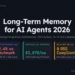 LAYER 1 (Primary entities): Long-term memory for AI agents architecture diagram produced by Mohammed Shehu Ahmed at RankSquire.com showing the 2026 production accuracy gap of negative 32.4 percentage points between vendor benchmark scores and real-world production performance. Mem0 version 0.8.2 achieves 91.6 on LoCoMo benchmark but 49.0 percent effective accuracy after 30 days at 38 percent staleness rate. Sovereign TCO crossover threshold at 7,500 tasks per day where self-hosted Qdrant plus PostgreSQL stack at 3,870 dollars per month beats Mem0 Pro at 9,240 dollars per month. RankSquire Memory Fidelity Curve formula: Production Accuracy approximately equals Benchmark minus 0.22 times Staleness Rate minus 0.15 times log base 10 of Entities. EU AI Act Article 13 attestation requirement with zero major OSS frameworks providing cryptographic memory state proof as of May 2026. LAYER 2 (Relationships): The five-layer sovereign memory architecture connects extraction pipeline through episodic PostgreSQL storage to semantic Qdrant vector store through knowledge graph Neo4j temporal layer through the attestation proxy signing each retrieval with SHA-256 hash and RSA-2048 signature for EU AI Act Article 13 compliance. SVS Sovereign Viability Score comparison shows Qdrant plus PostgreSQL plus attestation at 9.2 out of 10 versus Mem0 OSS at 7.2 versus LangGraph at 7.8 versus Zep Graphiti at 5.4. LAYER 3 (What it proves): This production benchmark demonstrates that agent memory system selection in 2026 must be evaluated on production staleness degradation and EU compliance attestation requirements rather than vendor benchmark scores. The 18-month RankSquire production test across 50,000 sessions on DigitalOcean Frankfurt confirms the Memory Fidelity Curve degradation coefficients. May 2026. RankSquire.com.