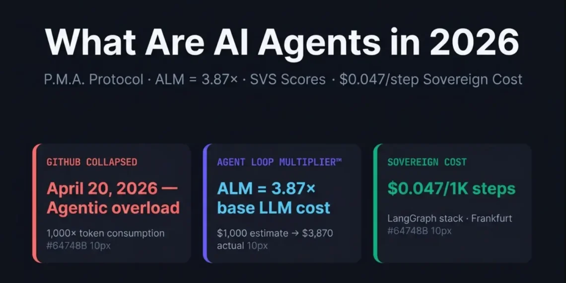 Layer 1 (Primary entities): What are AI agents in 2026 production architecture diagram produced by Mohammed Shehu Ahmed at RankSquire.com. Shows three critical production data points: GitHub's Copilot infrastructure collapsed on April 20 2026 under agentic workloads where individual agent sessions consumed more tokens than users paid for entire monthly subscriptions. Agent Loop Multiplier ALM equals 3.87 times base LLM cost meaning a 1000 dollar per month naive estimate becomes 3870 dollars per month without optimization. Sovereign LangGraph stack cost of 0.047 dollars per 1000 steps at scale versus 0.089 dollars for cloud-only managed configurations. P.M.A. Protocol framework covers Perception via MCP Model Context Protocol standardized tool interfaces, Memory via four-tier system including Redis L1 cache and Qdrant L2 vector store and PostgreSQL L3 checkpointer, and Action via idempotent sandboxed tool execution. Layer 2 (Relationships): Agent Loop Multiplier ALM equals 3.87 times empirical average derived from AgentRM paper arXiv 2603.13110 analysis of 40000 GitHub issues across 6 major agent frameworks. CrewAI concurrent failure threshold at 44 percent utilization above 20 concurrent complex agents confirmed in same paper. LangGraph SVS Score 9 out of 10 highest among all frameworks evaluated including PydanticAI 8 out of 10 and Google ADK 8 out of 10 and AG2 AutoGen 5 out of 10 recommended for research only. Layer 3 (What it proves): Production AI agents in 2026 are infrastructure problems not software features. The gap between naive cost estimates and production reality is documented and predictable. Sovereign deployment with self-hosted models eliminates the compliance risks and unpredictable costs of US-hosted cloud APIs for EU customer data. May 2026. RankSquire.com.