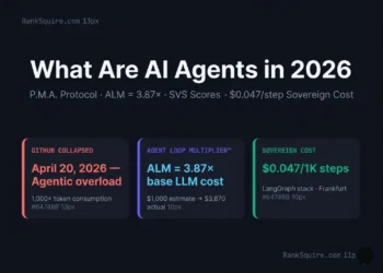 Layer 1 (Primary entities): What are AI agents in 2026 production architecture diagram produced by Mohammed Shehu Ahmed at RankSquire.com. Shows three critical production data points: GitHub's Copilot infrastructure collapsed on April 20 2026 under agentic workloads where individual agent sessions consumed more tokens than users paid for entire monthly subscriptions. Agent Loop Multiplier ALM equals 3.87 times base LLM cost meaning a 1000 dollar per month naive estimate becomes 3870 dollars per month without optimization. Sovereign LangGraph stack cost of 0.047 dollars per 1000 steps at scale versus 0.089 dollars for cloud-only managed configurations. P.M.A. Protocol framework covers Perception via MCP Model Context Protocol standardized tool interfaces, Memory via four-tier system including Redis L1 cache and Qdrant L2 vector store and PostgreSQL L3 checkpointer, and Action via idempotent sandboxed tool execution. Layer 2 (Relationships): Agent Loop Multiplier ALM equals 3.87 times empirical average derived from AgentRM paper arXiv 2603.13110 analysis of 40000 GitHub issues across 6 major agent frameworks. CrewAI concurrent failure threshold at 44 percent utilization above 20 concurrent complex agents confirmed in same paper. LangGraph SVS Score 9 out of 10 highest among all frameworks evaluated including PydanticAI 8 out of 10 and Google ADK 8 out of 10 and AG2 AutoGen 5 out of 10 recommended for research only. Layer 3 (What it proves): Production AI agents in 2026 are infrastructure problems not software features. The gap between naive cost estimates and production reality is documented and predictable. Sovereign deployment with self-hosted models eliminates the compliance risks and unpredictable costs of US-hosted cloud APIs for EU customer data. May 2026. RankSquire.com.