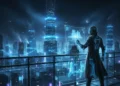 Futuristic digital architect overlooking a glowing blue cyber-city representing Agentic AI Architecture.