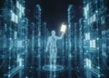 AI agent with infinite memory accessing a vast vector database for AI agents — representing perfect recall through RAG architecture and embedding storage