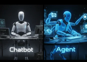A split screen comparison showing a passive chatbot interface versus dynamic autonomous agents executing tasks in real-time.