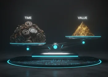 Conceptual illustration of AI agency pricing, contrasting a pile of hourly clock gears (low value) with a single glowing golden diamond (high value).