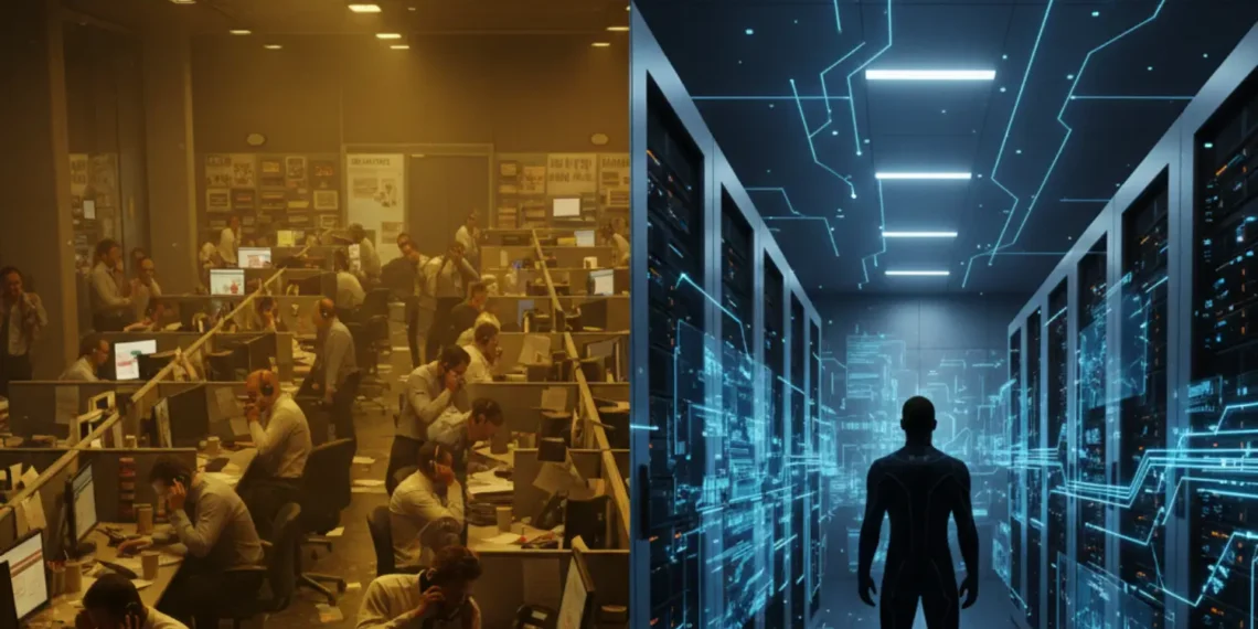 A split screen comparing a chaotic stock market floor with a calm, high-tech server room managing sales data.