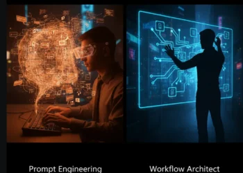 A split-screen comparison showing a Prompt Engineer relying on chaotic chat text versus an AI Workflow Architect building a structured, node-based automation logic graph.