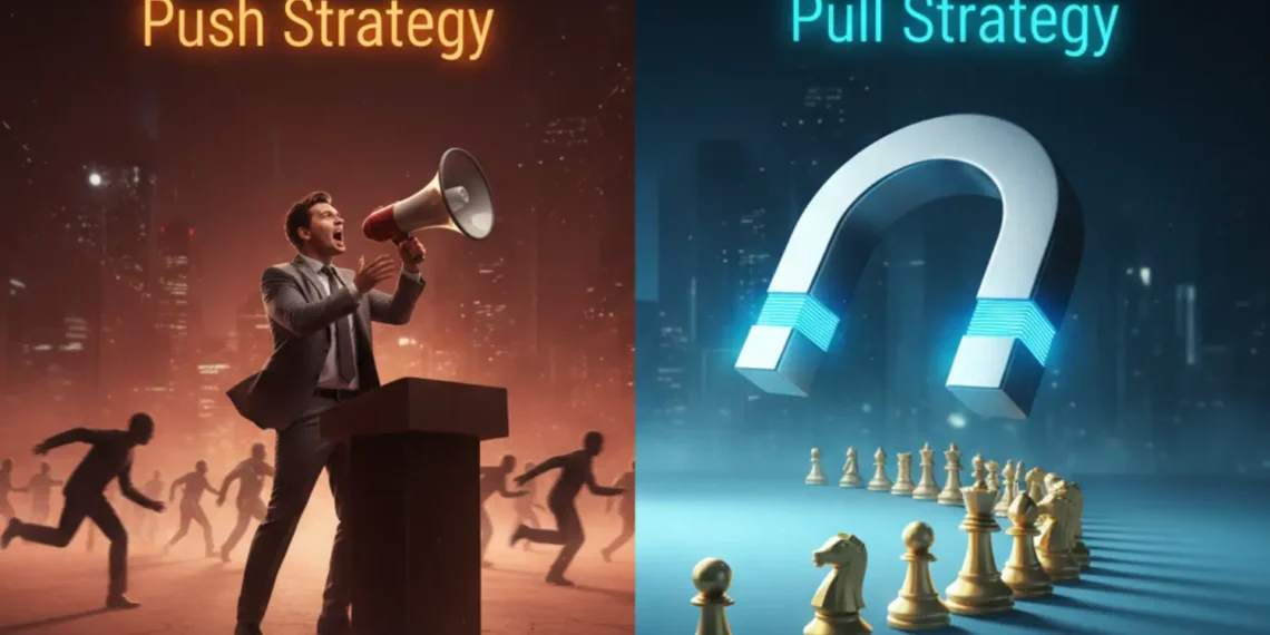 A 3D illustration contrasting a recruiter using a megaphone (manual) versus a magnetic funnel attracting agents (automated).