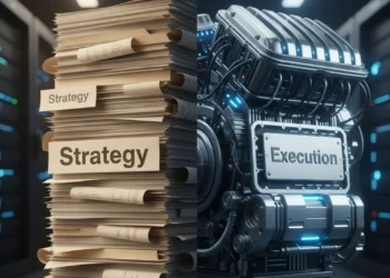 A conceptual comparison: Traditional Consulting represented as a stack of paper reports versus Automation Engineering represented as a running, code-based engine.