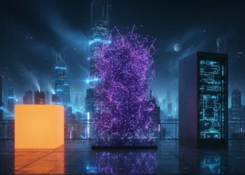 Futuristic digital architect overlooking a glowing blue cyber-city representing Agentic AI Architecture.