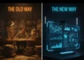A split screen comparison showing a chaotic manual office versus a sleek automated dashboard running a real estate brokerage.
