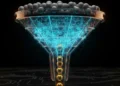 A conceptual illustration showing a funnel filtering thousands of grey leads into a few glowing gold leads using an algorithm.