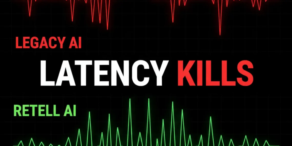 A waveform comparison showing the latency gap between standard voice AI and optimized Retell AI/Vapi streams.