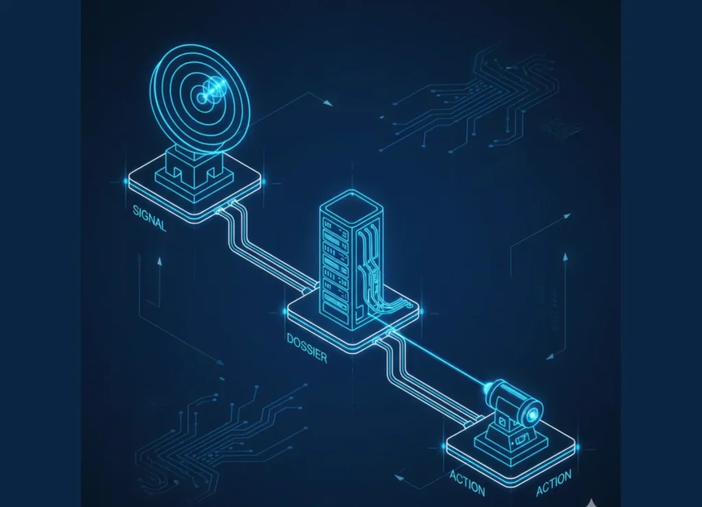 A three-step architectural blueprint showing the workflow of an AI Sales Agent: Perception (Signal), Memory (Dossier), and Action (Sniper Shot).