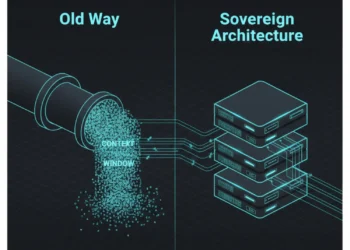 A split-screen schematic comparing a linear context window bottleneck against a decentralized vector memory architecture for agentic AI.
