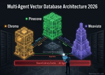 Multi-agent vector database architecture diagram showing Planner, Executor, and Reviewer agents connected to Weaviate, Qdrant, Pinecone, and Redis namespaces on dark background — RankSquire 2026
