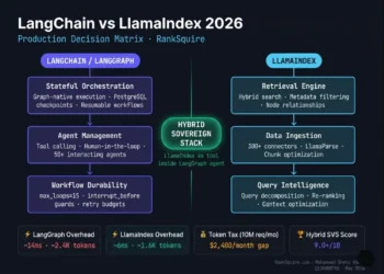 LAYER 1 (Primary keyword entities): LangChain vs LlamaIndex 2026 production decision matrix comparison diagram produced by Mohammed Shehu Ahmed at RankSquire.com (Wikidata Q138808708 / Q138808593). Shows two-column architecture comparison: LangGraph stateful orchestration (PostgreSQL checkpointing, max_loops=15, tool calling, human-in-the-loop approvals) versus LlamaIndex retrieval engine (hybrid search, 300+ connectors via LlamaHub, query decomposition, node relationships and metadata filtering). Center shows hybrid sovereign stack integration where LlamaIndex serves as named retrieval tool inside LangGraph agent. LAYER 2 (Relationships and data): Key production metrics shown: LangGraph framework overhead approximately 14 milliseconds and 2,400 tokens per request versus LlamaIndex approximately 6 milliseconds and 1,600 tokens. Token overhead gap of approximately 800 tokens produces $2,400 per month cost difference at 10 million requests per month using GPT-4o-mini pricing. Hybrid sovereign stack SVS Sovereign Viability Score 9.0 or higher combining both frameworks. LangGraph 1.0 released October 2025 with stable PostgreSQL checkpointing. LlamaIndex requires 30 to 40 percent less code than LangChain for equivalent RAG pipelines. LAYER 3 (What it proves): This architecture diagram demonstrates that LangChain and LlamaIndex solve different operational layers and are not direct competitors. LangChain via LangGraph dominates stateful orchestration while LlamaIndex dominates retrieval quality. The hybrid sovereign stack combining both on self-hosted Hetzner Frankfurt infrastructure with Qdrant vector storage and Langfuse observability costs approximately $150 to $220 per month versus $500 to $800 per month for managed equivalents. May 2026. RankSquire.com.